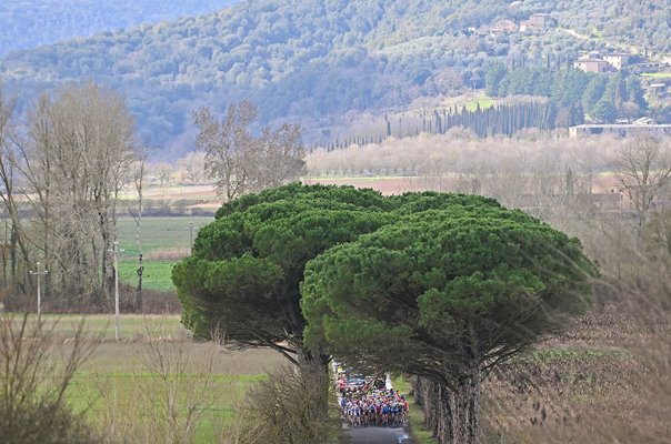 Women's elite race peloton rides countryside scene Strade Bianche 2024 