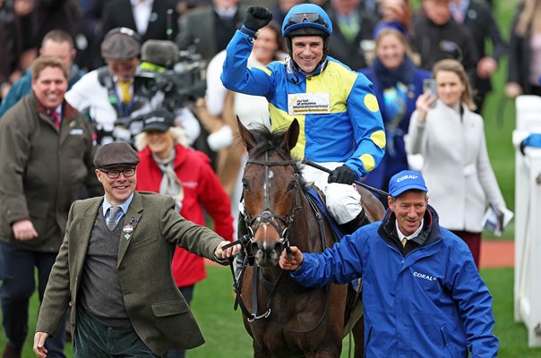 Harry Skelton celebrates Coral Cup Handicap Hurdle win with Langer Dan Cheltenham 2024 