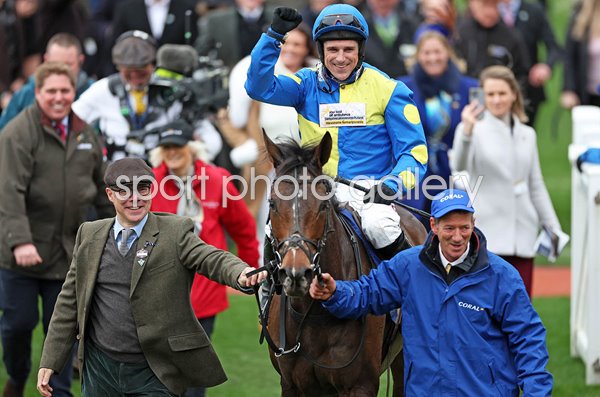 Harry Skelton celebrates Coral Cup Handicap Hurdle win with Langer Dan Cheltenham 2024 