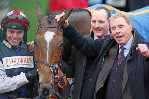 Ben Jones & Owner Harry Redknapp celebrate Shakem Up'arry win in Plate Handicap Chase Cheltenham 2024 