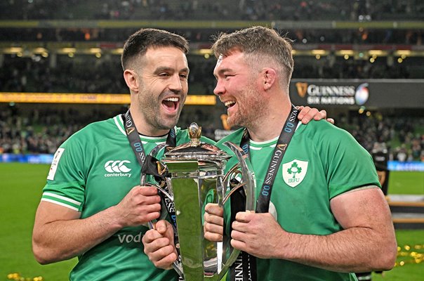 Conor Murray and Peter O'Mahony Ireland Six Nations Trophy Dublin 2024