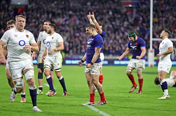 Thomas Ramos France celebrates winning penalty v England Lyon Six Nations 2024