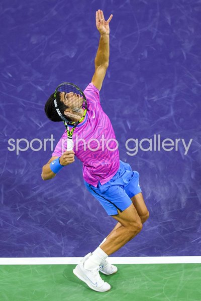 Carlos Alcaraz Spain serves BNP Paribas Open Indian Wells 2024 