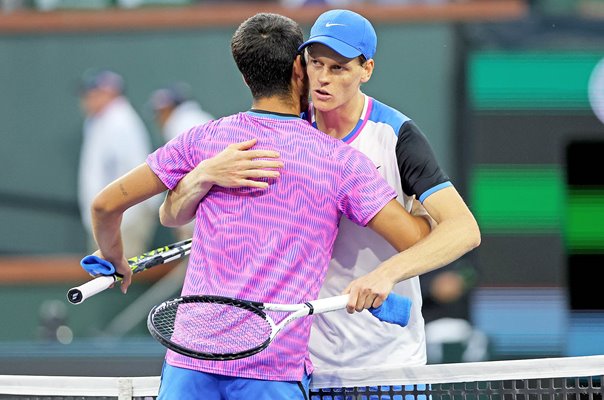 Carlos Alcaraz Spain congratulated by Jannik Sinner Indian Wells 2024 