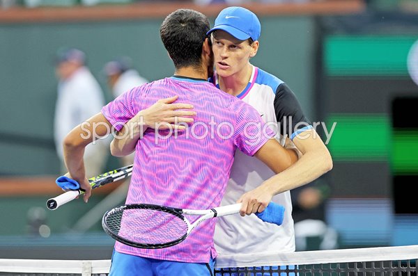 Carlos Alcaraz Spain congratulated by Jannik Sinner Indian Wells 2024 