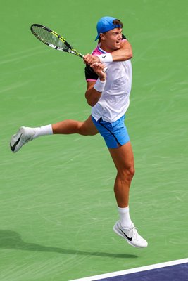 Holger Run Denmark backhand v Lorenzo Musetti Indian Wells California 2024