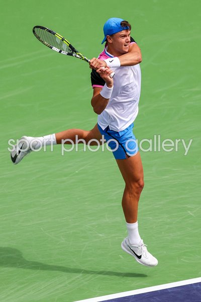 Holger Run Denmark backhand v Lorenzo Musetti Indian Wells California 2024