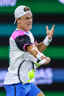 Holger Run Denmark forehand v Taylor Fritz Indian Wells California 2024