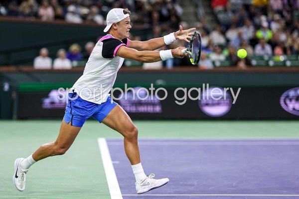 Holger Run Denmark forehand v Taylor Fritz Indian Wells 2024