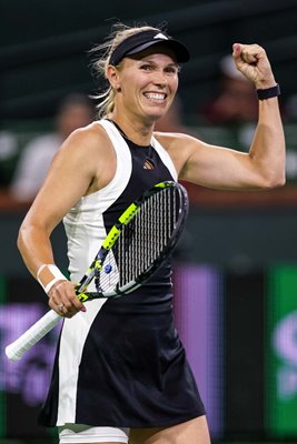 Caroline Wozniacki Denmark celebrates win v Katie Volynets Indian Wells 2024 