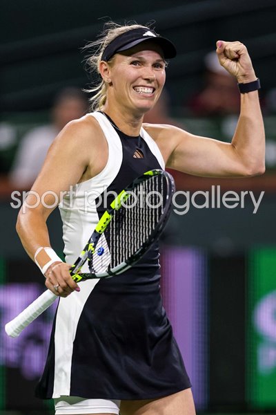 Caroline Wozniacki Denmark celebrates win v Katie Volynets Indian Wells 2024 