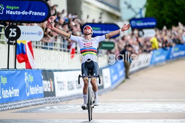 Mathieu van der Poel Netherlands celebrates Paris-Roubaix Win 2024