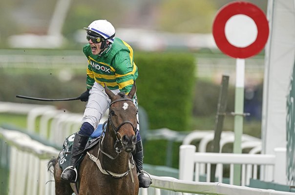 Paul Townend celebrates winning on I Am Maximus Grand National Aintree 2024