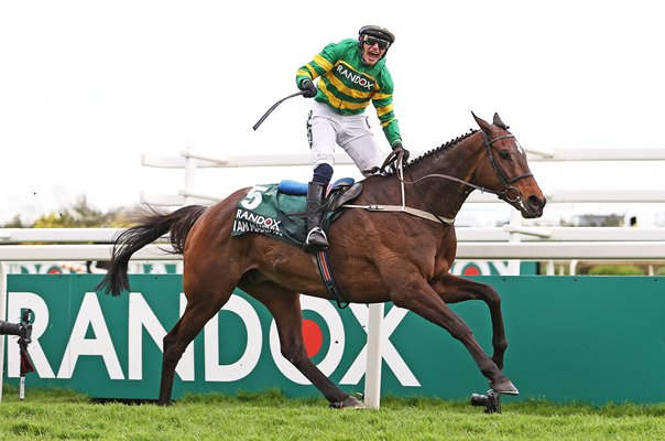 Paul Townend winning jockey celebrates on I Am Maximus Grand National 2024