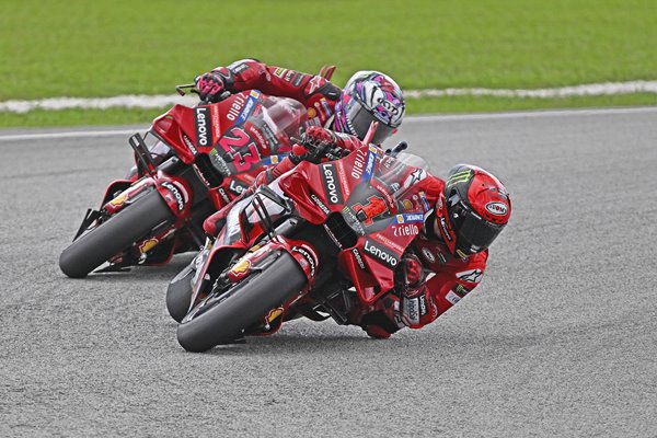 Ducati riders Francesco Bagnaia Italy leads Enea Bastianini Malaysia MotoGP 2023