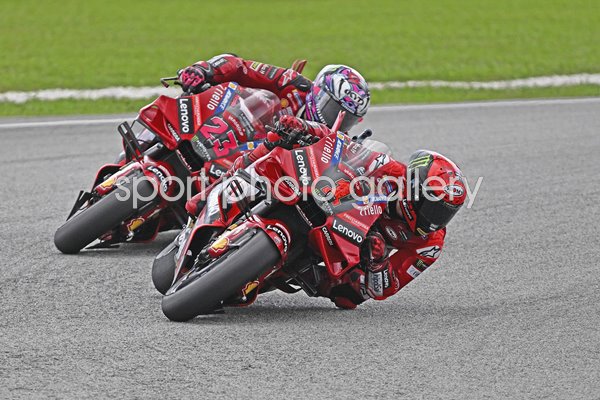 Ducati riders Francesco Bagnaia Italy leads Enea Bastianini Malaysia MotoGP 2023