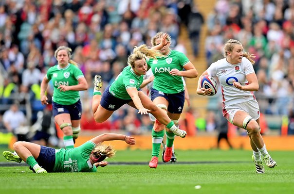 Dannah O'Brien & Aoife Dalton Ireland try to stop Zoe Aldcroft England Twickenham 2024