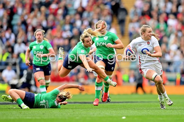 Dannah O'Brien & Aoife Dalton Ireland try to stop Zoe Aldcroft England Twickenham 2024