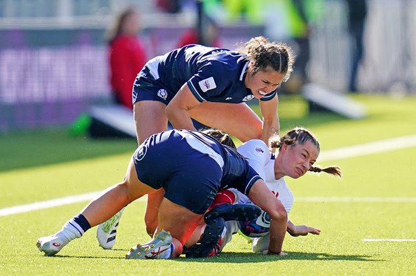 Emilie Boulard France tackled by Emma Orr ScotlandWomen's Six Nations 2024