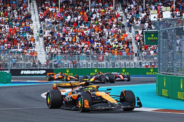 Lando Norris McLaren MCL38 Mercedes leads Max Verstappen Miami Grand Prix 2024