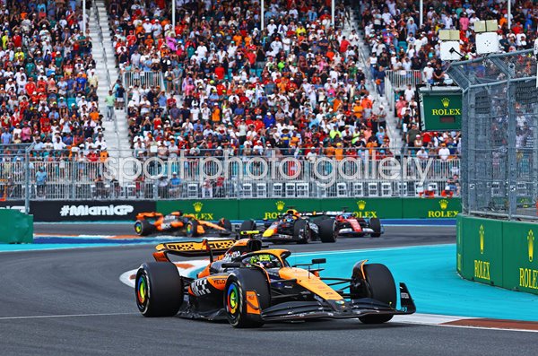 Lando Norris McLaren MCL38 Mercedes leads Max Verstappen Miami Grand Prix 2024