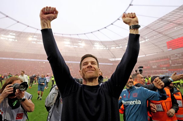 Xabi Alonso Head Coach of Bayer Leverkusen celebrates Bundesliga Title 2024