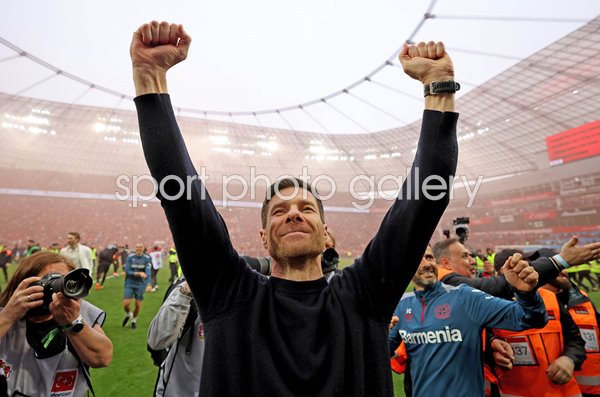 Xabi Alonso Head Coach of Bayer Leverkusen celebrates Bundesliga Title 2024