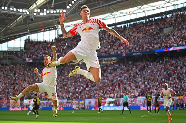 Benjamin Sesko RB Leipzig celebrates v Borussia Dortmund Bundesliga 2024