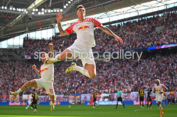 Benjamin Sesko RB Leipzig celebrates v Borussia Dortmund Bundesliga 2024