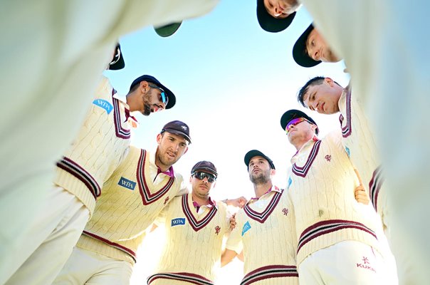 Lewis Gregory Somerset huddle v Nottinghamshire County Championship Taunton 2024