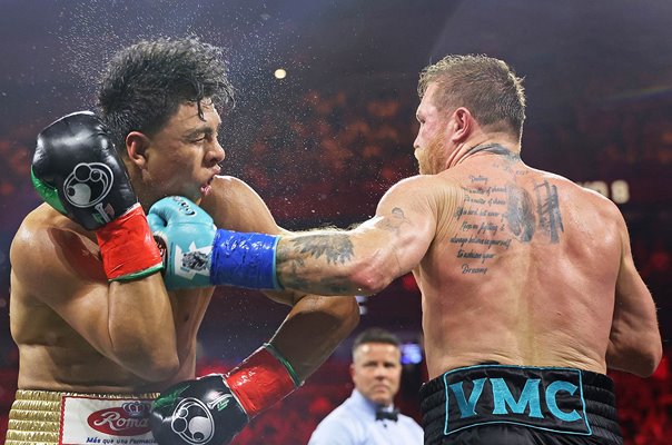 Canelo Alvarez connects v Jaime Munguia Undisputed Title Fight Las Vegas 2024