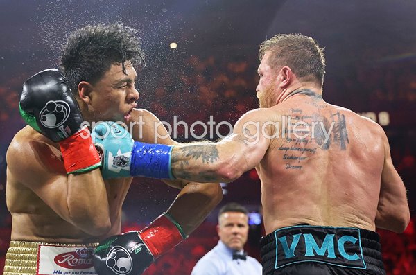Canelo Alvarez connects v Jaime Munguia Undisputed Title Fight Las Vegas 2024
