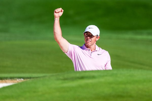 Rory McIlroy celebrates holing bunker shot for eagle 5 15th Hole Quail Hollow Club 2024