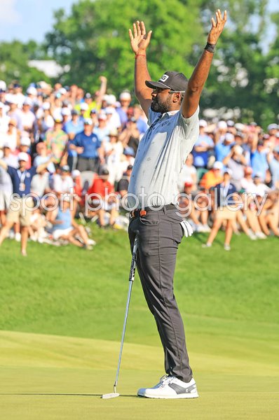 Sahith Theegala USA celebrates birdie 18th Final Round USPGA Championship 2024