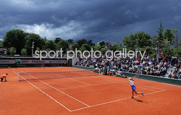 Danielle Collins USA plays under dark clouds French Open Roland Garros Paris 2024