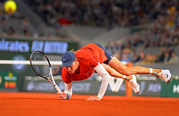 Jannik Sinner Italy takes a tumble v Pavel Kotov French Open Paris 2024