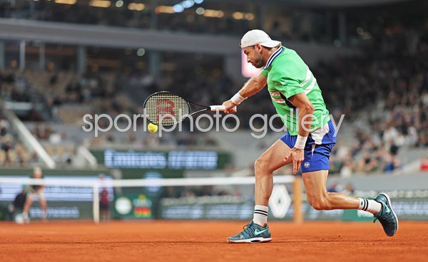 Grigor Dimitrov Bulgaria backhand v Zizou Bergs French Open Paris 2024