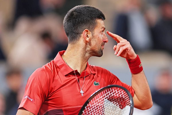 Novak Djokovic Serbia reacts v Lorenzo Musetti French Open Paris 2024