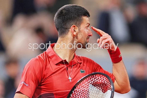 Novak Djokovic Serbia reacts v Lorenzo Musetti French Open Paris 2024