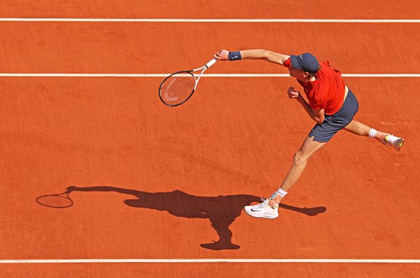 Jannik Sinner Italy serves v Grigor Dimitrov French Open Paris 2024