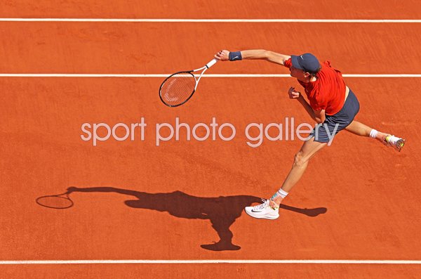 Jannik Sinner Italy serves v Grigor Dimitrov French Open Paris 2024