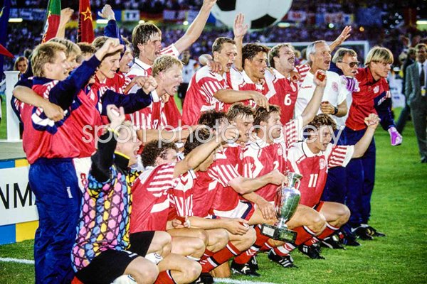 Denmark celebrate Euro 1992 win v Germany Gothenburg