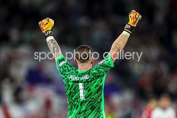 Jordan Pickford England celebrates win v Serbia Gelsenkirchen EURO 2024