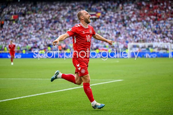 Christian Eriksen Denmark celebrates scoring v Slovenia Stuttgart EURO 2024