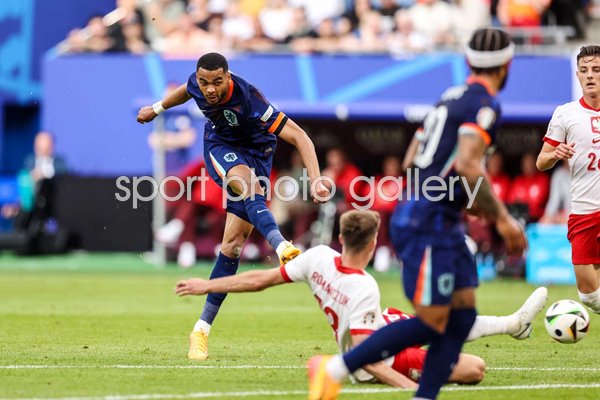 Cody Gakpo Netherlands scores v Poland Group D Hamburg EURO 2024