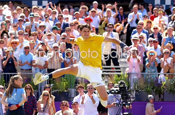 Jack Draper Great Britain celebrates win v Carlos Alcaraz Queen's Club 2024
