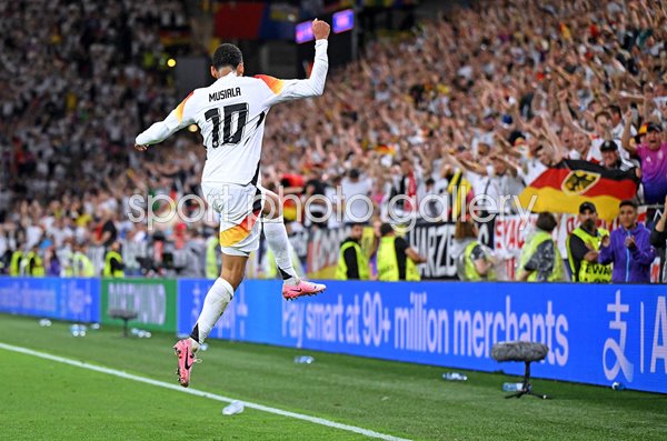 Jamal Musiala Germany celebrates scoring v Denmark Last 16 Dortmund EURO 2024