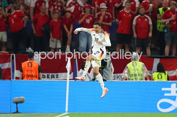 Jamal Musiala Germany celebrates scoring v Denmark Last 16 EURO 2024