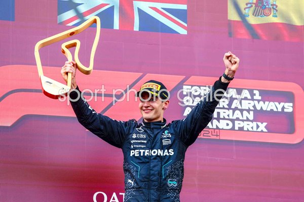George Russell Great Britain & Mercedes celebrates Austrian Grand Prix 2024