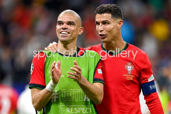 Pepe and Cristiano Ronaldo Portugal celebrate penalties win v Slovenia Last 16 EURO 2024